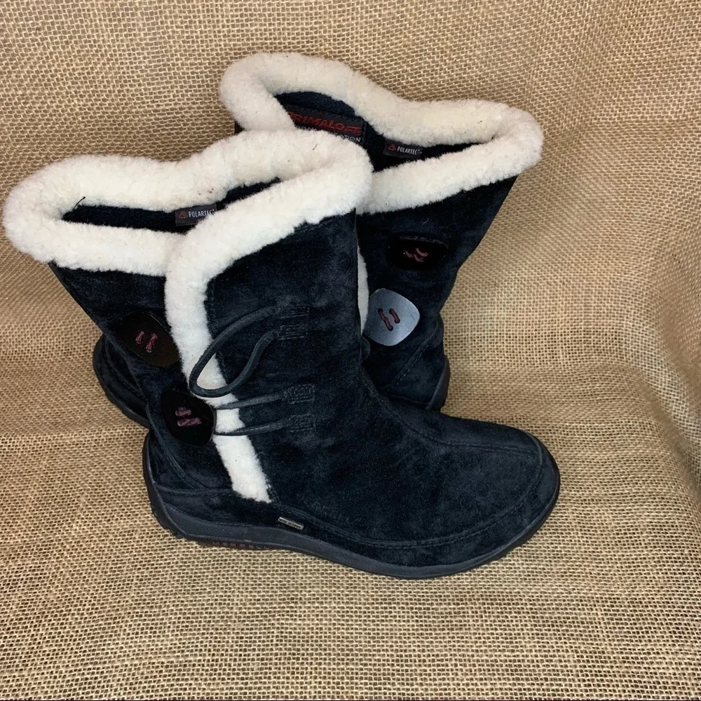 Merrell Yarra Women’s Black Leather Faux Fur Toggle Winter Snow Boots Size 5